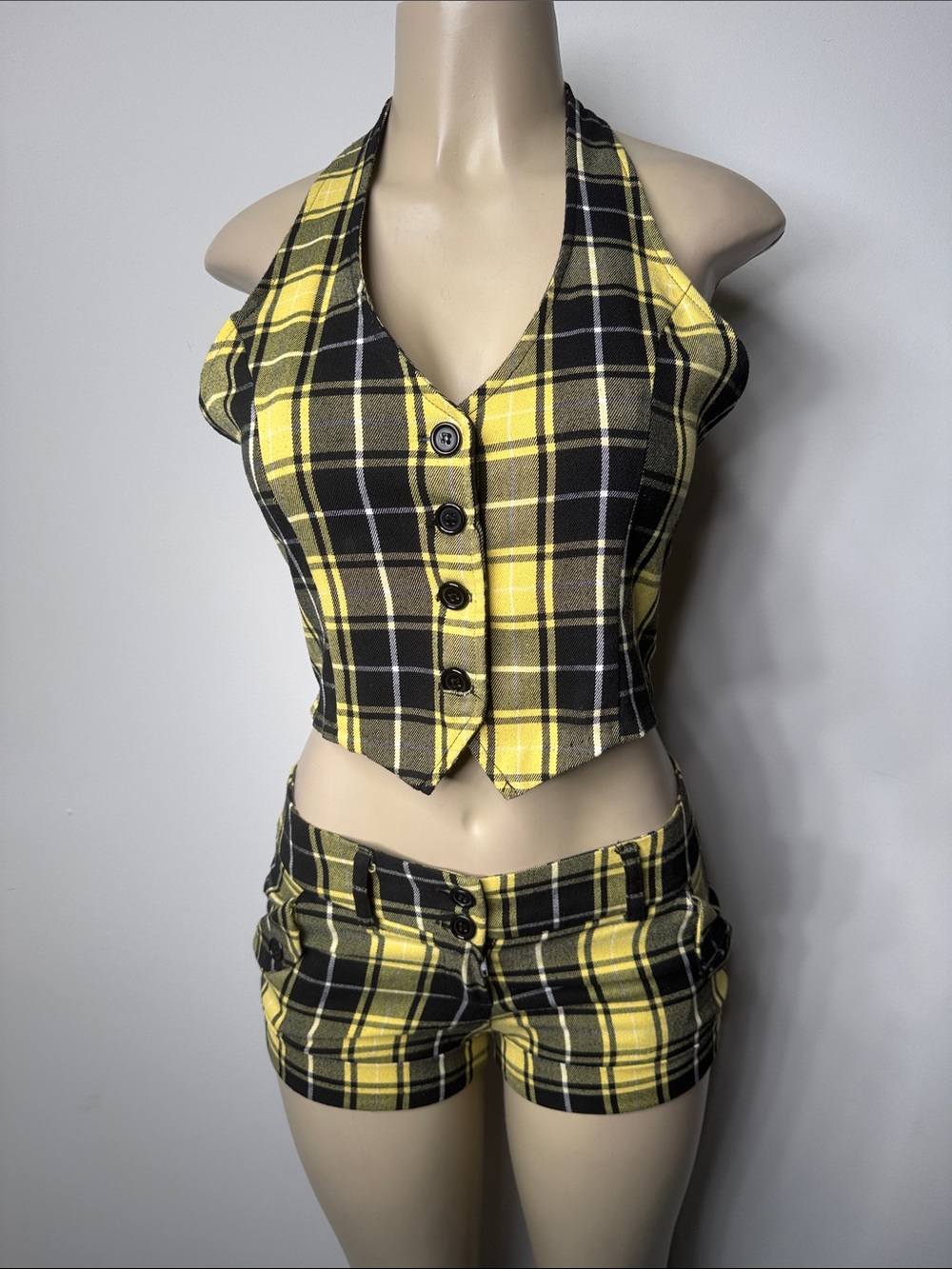 Yellow Plaid Halter Vest & Shorts Set